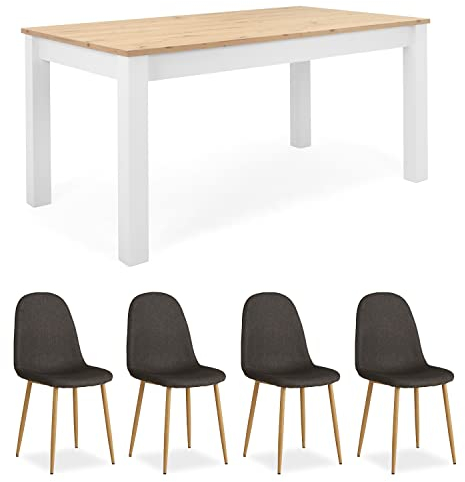 Homestyle4u 1940, Essgruppe mit 4 Stühlen, Weiß Holz, Esstisch 160 x 90 cm Ausziehbar
