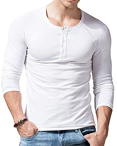 Men's Slub Henleys T-Shirt Long Sleeve Lightweight Relaxed Fit Casual with 3 Buttons Placket Round Neck Shirts White M