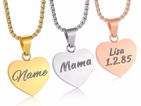 Herzkette mit Wunschgravur - Damen-Kette Namenskette mit Name oder Buchstaben - Amulett in Herzform - Personalisierte Edelstahl Kette Herz Anhänger Silber