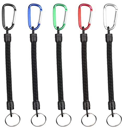 kuou 5PCS Stretchy Spiral Keyring with Color Carabiner, Spiral Retractable Coil Key Chain Theftproof Anti-Lost Stretch Cord Safety Key Ring with Metal for Keys, Wallet, Cellphone