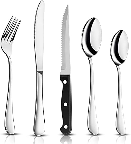 Joyfair 16 Piece Cutlery Sets + 4 Piece Steak Knives, Stainless Steel 20 Piece Silverware Flatware Set with Fork Knife Spoon, Service for 4,Home/Camping/Party, Mirror Finished & Dishwasher Safe