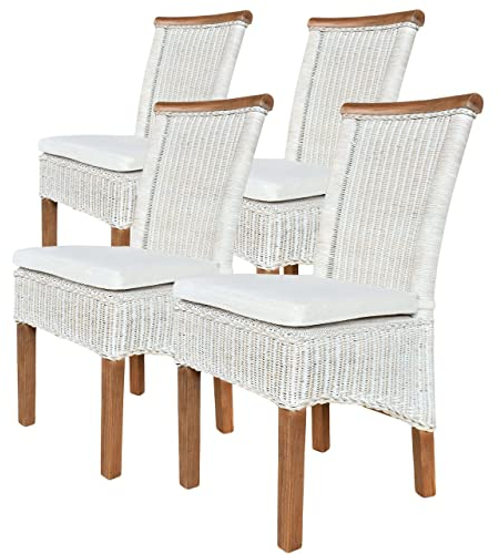 kreatives Wohnen Esszimmer-Stühle Set Rattanstühle Perth 4 Stück Sitzkissen Leinen weiß, Holz, Extra breit