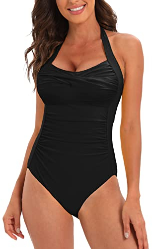 heekpek Womens Tummy Control Swimsuit One Piece Swimsuit Retro Vintage Swimwear Swimming Costume One-Piece Swimsuit, Z-Black, Size M