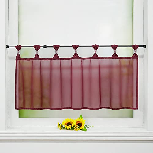Delien Uni Scheibengardine Voile Bistrogardinen mit Schlaufen Küche Kurzstore Einfarbige Transparente Kurzgardine Cafe Stores Gardine Kurzer Vorhang BxH 90x30cm,Weinrot