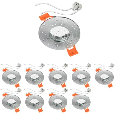 ledscom.de 10 Stück Bad-Deckeneinbaurahmen ERID, Feuchtraum, Badezimmer, IP44, rund, aluminium matt, inkl. GU5.3 Fassung