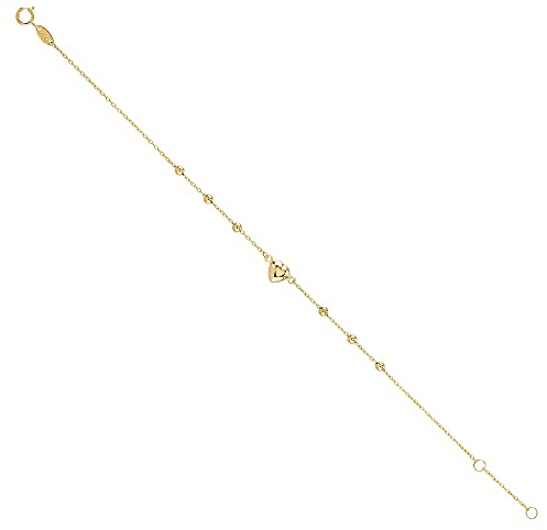 JC Trauringe Echt 585 Gold Herz Goldarmband Ankerkette Armband mit feinen Kügelchen und Herz verstellbar 17cm & 19cm in 14 Karat 8304