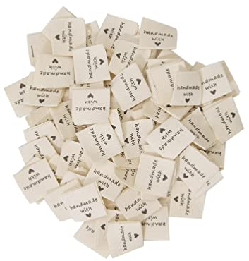 Handmade Labels,100 PCS Stoff Handmade Aufnäher Mit Liebe Handgefertigte Stoffetiketten Etiketten Textil-Annähetikett Textiletiketten für DIY-Strickhandwerk Nähdekorationen 2 x 4CM