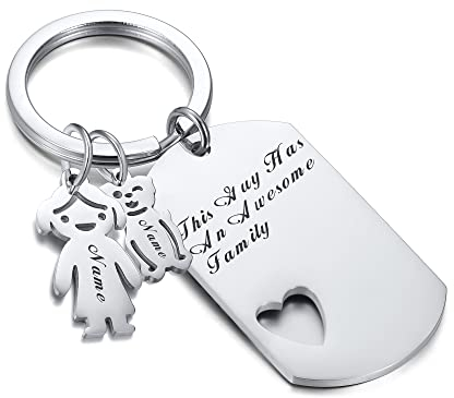 VNOX Schlüsselanhänger Personalisiert mit 4 Names Familie Kinder Mädchenfiguren & Jungenfiguren Schlüsselbund Gravur Keyfob Geschenk für Mama Papa Brüder Schwestern Vatertag Muttertag Geburtstag