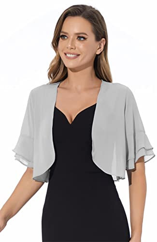 Cárdigan tipo bolero de gasa suave con frente abierto para mujer, manga 3/4, para vestido de noche, Plateado, M
