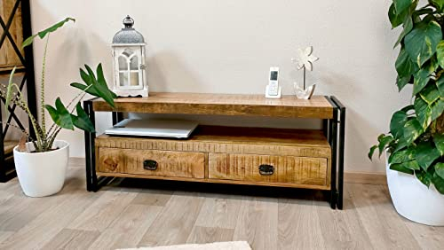 DARO DEKO Holz Lowboard eckig braun 125 x 45cm mit schwarzem Metall Gestell Fernsehtisch TV-Schrank