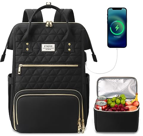 ETRONIK Lunch Backpack Women 17.3 Inch Laptop Backpack with USB Port College School Laptop Bookbag Teacher Nurse Work Backpacks with Insulated Cooler Bag Black