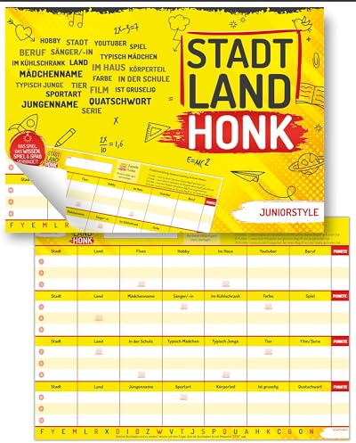 Stadt Land Honk - Junior Edition - Stadt Land Fluss Kinder Gesellschaftsspiel | 50 Blatt für extra langes Spielerlebnis DIN A4 | Familien Spiel für Jung und Alt