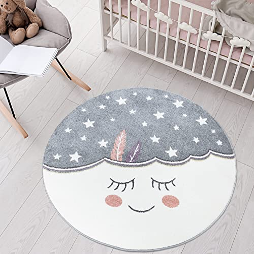 carpet city Teppich Kinderzimmer Mond 120 cm Rund - Grau, Creme - Runder Kinderteppich Kurzflor mit Sternen - Weicher Flor