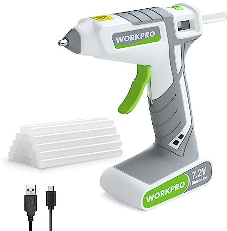 WORKPRO Cordless Glue Gun 7.2V with 20pcs Glue Sticks (7x100mm), Fast Preheating Hot Glue Gun with 2000mAh Lithium-ion Battery, Automatic-Power-Off Glue Stick Gun for Crafting with Indicator Lights
