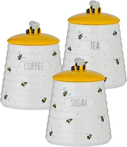 Home Deco London Ceramic Sweet Bee Stoneware Kitchen Tea Coffee Sugar Storage Canister Jar with Lid Durable Bumblebee Handle Keep Fresh Attractive Bright Yellow Glaze Set (Tea Coffee Sugar Set)