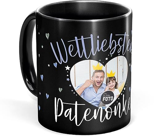 Tassendruck Schwarze Tasse mit Spruch für den weltliebsten Patenonkel - Tasse mit Foto selbst gestalten - Geschenk für Patenonkel, Fotogeschenk Familie | Schwarze Fototasse, 300 ml