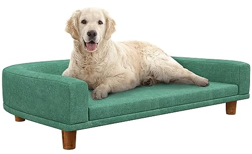 PawHut Divano per Cani di Taglia Grande con Gambe Rialzate e Cuscino Sfoderabile, Divanetto per Cani in Poliestere e Legno, 98x67x25 cm, Verde Chiaro