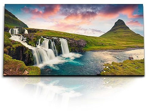 Paul Sinus Kunstdruck Bilder 120x60cm Island Wasserfälle Grün Natur Fluss Sonnenuntergang