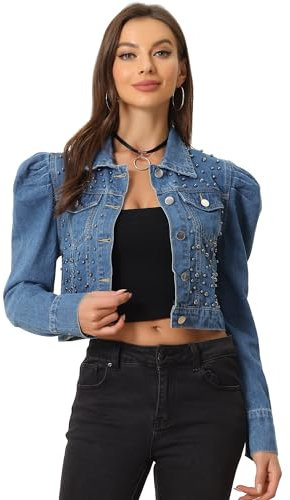 Allegra K Women's Denim Jacket Beaded Button Front Cropped Puff Sleeve Jean Coat Blue XL