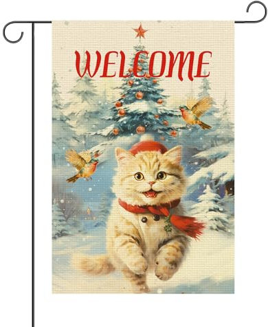 Drapeau de Noël pour Chat, 30 x 45cm Double Face Lin Garden Flags Drapeau de Jardin d'Hiver Drapeaux d'Oiseaux pour l'Extérieur pour Cour Ferme (Chat et Oiseau)