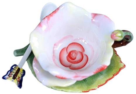 Minigift Ceramic Tea Cup and Saucer Set ，6OZ 3D Hand-Painted Flower and Lotus Leaf Coffee Mug，Gift for Women- Champagne Rose