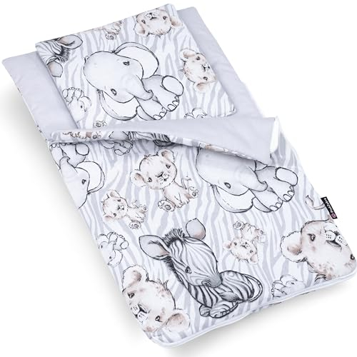 PinkZebra Puppenschlafsack 2-teiliger Set für Puppen, Puppenschlafsack mit Kissen für Puppenbett, Puppenbettzeug beidseitig, aus Baumwolle, Zoo