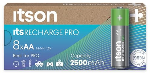 ITSON, AA piles rechargeables, PRO, lot de 8, puissantes piles rechargeables, capacité Min. 2500 mAh, pré-chargées, emballage à 95% de matériaux recyclés, made in Japan