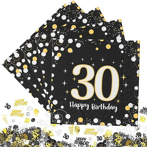 Servietten 30. Geburtstag, 30 Stück Servietten 30 Geburtstag Mann, Deko 30. Geburtstag Mann Frau, Happy Birthday 30 Servietten Tischdekoration, 3-Lagig Geburtstagsdeko Servietten mit Konfetti