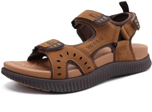 KuaiLu Mens Leather Hiking Sandals with Arch Support Orthopedic Sport Recovery Athletic Walking Sandals For Man Outdoor Summer Casual Thick Cushion Beach Water Fisherman Sandal, size 9.5 Khaki