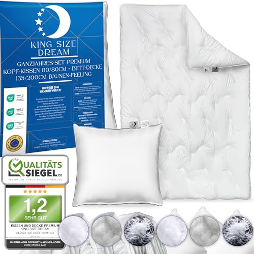 KING SIZE DREAM Premium Kissen + Bettdecke Set 135x200 & 80x80 | Nackenstützend, ergonomisch & Anti-Allergisch |Decke/Duvet & Kopfkissen / 4 Jahreszeiten