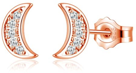 Kamise Stud Earrings Silver 925 Ladies Girls, Rose Gold Studs with Jewellery Box, Hypoallergenic Moon Zirconia Stud Earrings, 8mm Sleeping Stud Earrings for Kids, Stud Earrings Silver 925 Ladies Girls