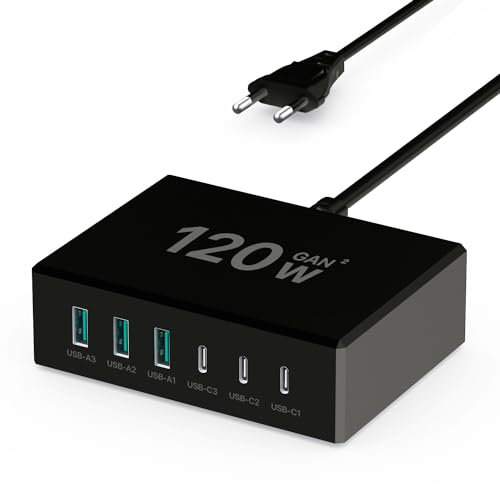 Caricatore USB C Multiplo, 120W 6-Porto Stazione di Ricarica USB GaN PD Carica Cellulare【3USB-C + 3USB-A】, Alimentatore USB C Multiplo compatibile con iPhone/Samsung/Google/Tablet (Nero)