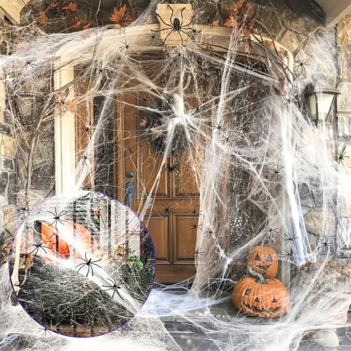 PUWOWYE Halloween Spinnennetz Deko, 1200 Quadratmeter Halloween Deko Outdoor Spinnennetz 300g, Halloween Deko Garten Dehnbare Spinnennetze mit 50 Künstlichen Spinnen, für Außen, Spukhaus, Partyzubehör
