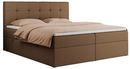 MKS MEBLE Boxspringbett 200x200 Mit Bettkasten, Matratze H3 und Topper - Polsterbett Mit Stauraum - Centos - Braun Kunstleder