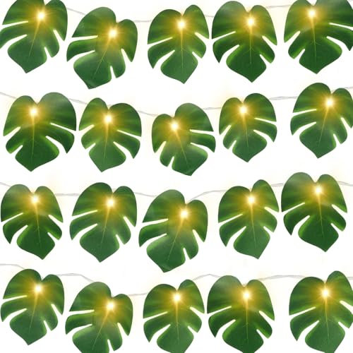 WOHSEROM 2 Pack Monstera Leaf String Lights, 3m/9.8ft 20 LED Tropical Artificial Palm Leaves String Lights Wall Hanging Vine Leaf for Hawaiian Luau Party Jungle Theme Beach Birthday Home Decorations