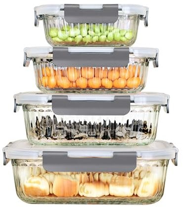 IUGHN 4-Pack Rectangular Glass Containers With Lids | 1520ml | 1040ml | 640ml | 370ml | Glass Meal Prep Containers | Microwave, Oven, Freezer and Dishwasher Safe