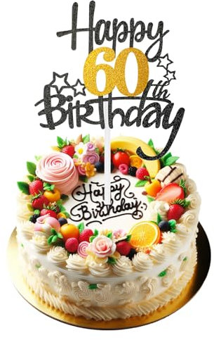 Black and Gold Glitter 60th Birthday Cake Topper - Party Decoration Pick for Anniversary Celebration