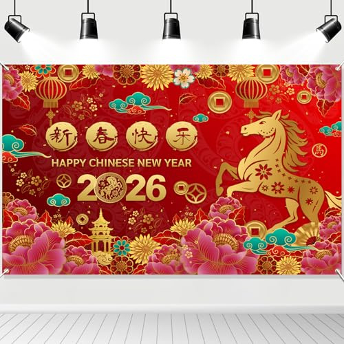 HOWAF Decoration de Nouvel an Chinois 2026 Bannière, Grande Tissu Année du Cheval Bannière Photo Toile de Fond pour Décoration Nouvel an chinois Décoration Asiatique Decoration Chinoise, 180 x 110 cm