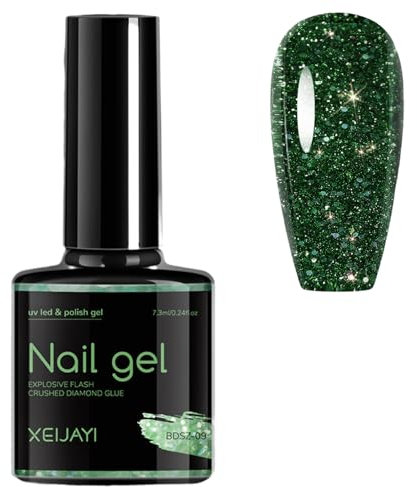 Green Glitter Gel Nail Polish, Emerald Green Christmas Gel Nail Varnish, Diamond Sparkly Shimmer Long Lasting Dark Green Gel Nail Polish, Soak off LED/UV Lamp Nail Art Manicure for Women