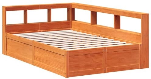 vidaXL Massivholzbett mit Regal ohne Matratze Wachsbraun 135x190 cm, Holzbett mit Regal, Massivholzbett mit Regal, Bett, Holzbett mit Bücherregal