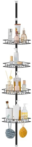 Hoomtaook Etagere Douche Telescopique, Etagere Douche Sans Percage Acier Inoxydable avec 4 Paniers, Rangement Douche Reglable Hauteur 85-325cm pour Salle de Bain, Noir