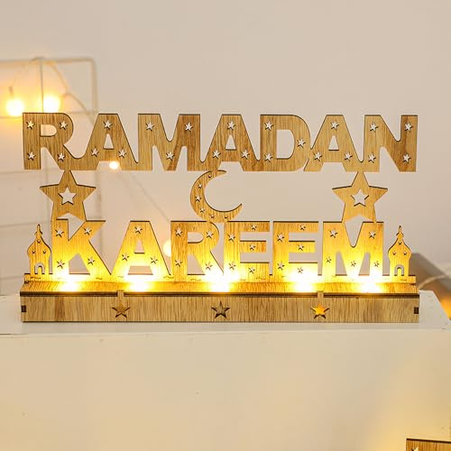 Ramadan Deko Lampe Holz LED Eid Mubarak Dekoration, 30*4,5*15,6cm Groß Ramadan Lichter Mond Stern Schloss Islam Mubarak Dekoration Lampe, Ramadan Tischdeko Windlicht für Muslimische Festival Deko (A)