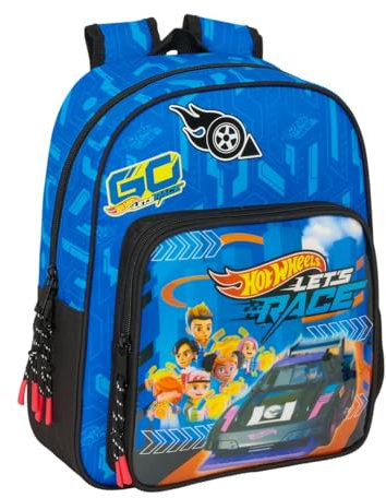 safta Hot Wheels Let's Race Schulrucksack für Kinder, ideal für Kinder verschiedener Altersgruppen, bequem und vielseitig, Qualität und Widerstandsfähigkeit, 27 x 10 x 33 cm, Blau/Schwarz, M, Casual