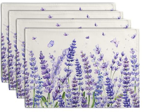 Platzsets mit Lavendelmotiv, 4 Stück, violette Blumen, Schmetterlinge, Leinenstoff, saisonaler Frühling, Sommer, rustikales Blumenmuster, Tischset, Bauernhaus, dekorativ, waschbar, Platzsets für