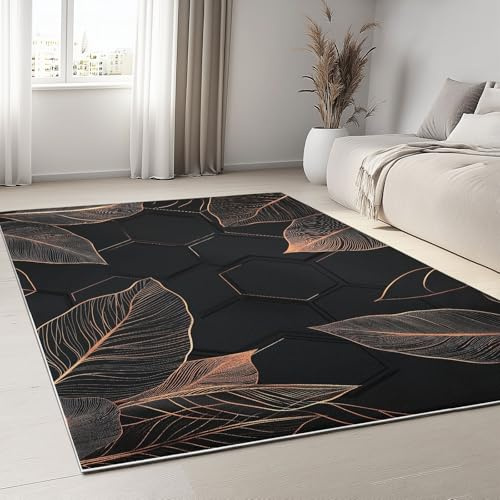 Teppich 160 x 230 cm, Wohnzimmer Schlafzimmer Korridor Esszimmer Balkon Dekor Rutschfester Teppiche Waschbar, Pflanze Blätter Sechseck, Anti-Rutsch Unterseite Kurzflor Teppich Schwarz Kupfer