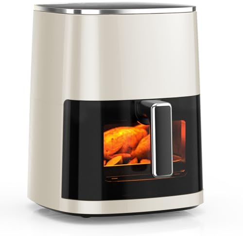 DUMOS Luftfritteuse, 6 Quart Kapazität mit Fenster, quadratische, 12-in-1, Luftfritteuse, Braten, Aufwärmen, Dörren, Backen, Dampf mit 200 °C, Beige