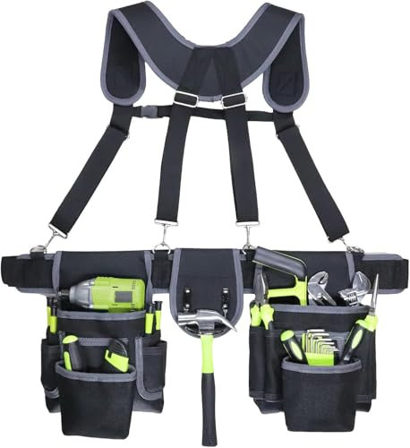 Candeon Ceinture Outils Avec Bretelles, Amovible Et Réglable Ceinture Porte Outil Sac à Outils Suspense Combinés, 12 Poches Ceinture à Outils Avec Porte-Marteau Pour électriciens, Charpentiers