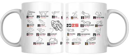 Taza personalizada Fórmula 1 y Moto GP con Calendario y Circuitos 2025. Regalo Original para los amantes de las motos. (MGP 2025)