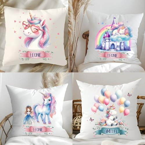wolga-kreativ personalisiertes Kissen Mit Namen – Einhorn Motive für Mädchen & Babys – Geschenk zur Geburt, Taufe & Geburtstag – Flauschiges Namenskissen