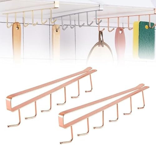Qianzc 2PCS Shelf Mug Hanger Mug Hooks Under Cabinet 6 Hooks, Under Cabinet Coffee Mug Holder Hooks Hanging Rack Under Shelf for Cups Kitchen Utensils (Rose Gold)